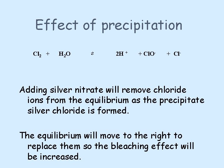 Effect of precipitation Cl 2 + H 2 O ⇄ 2 H + +