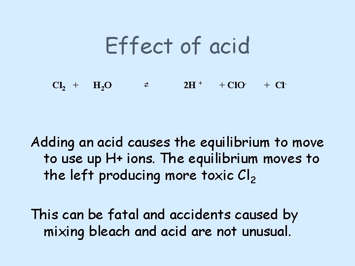 Effect of acid Cl 2 + H 2 O ⇄ 2 H + +