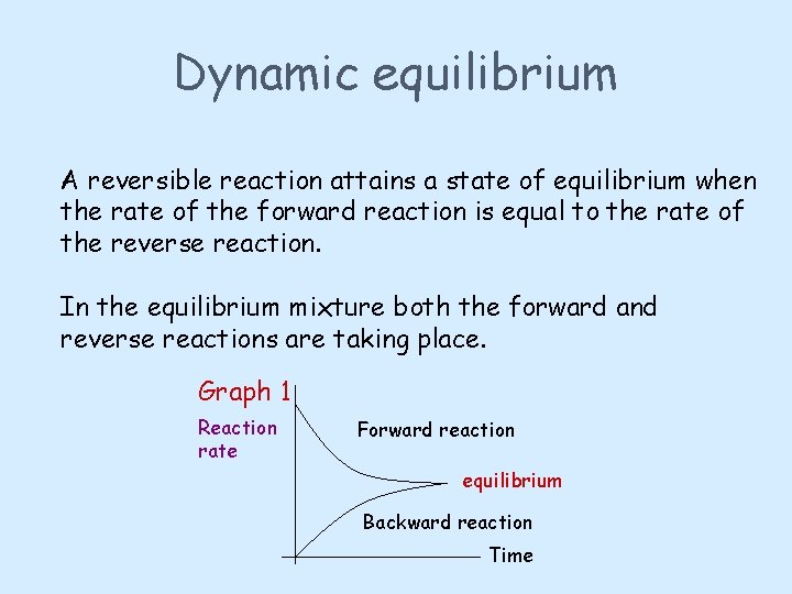 Dynamic equilibrium A reversible reaction attains a state of equilibrium when the rate of