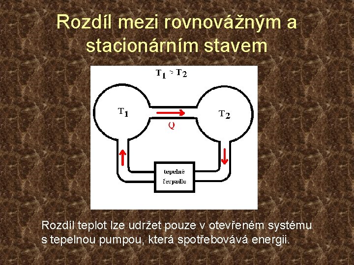 Rozdíl mezi rovnovážným a stacionárním stavem Rozdíl teplot lze udržet pouze v otevřeném systému