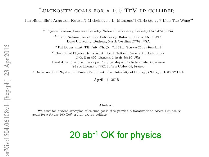  20 ab-1 OK for physics Future High Energy Circular Colliders Michael Benedikt Lepton