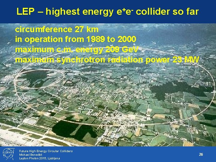 LEP – highest energy e+e- collider so far circumference 27 km in operation from