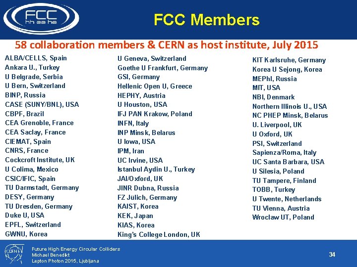 FCC Members 58 collaboration members & CERN as host institute, July 2015 ALBA/CELLS, Spain