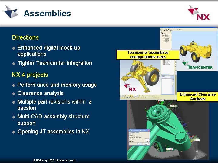 Assemblies Directions u u Enhanced digital mock-up applications Teamcenter assemblies configurations in NX Tighter