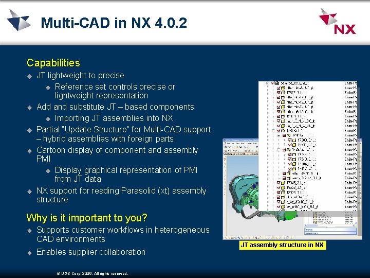 Multi-CAD in NX 4. 0. 2 Capabilities u u u JT lightweight to precise