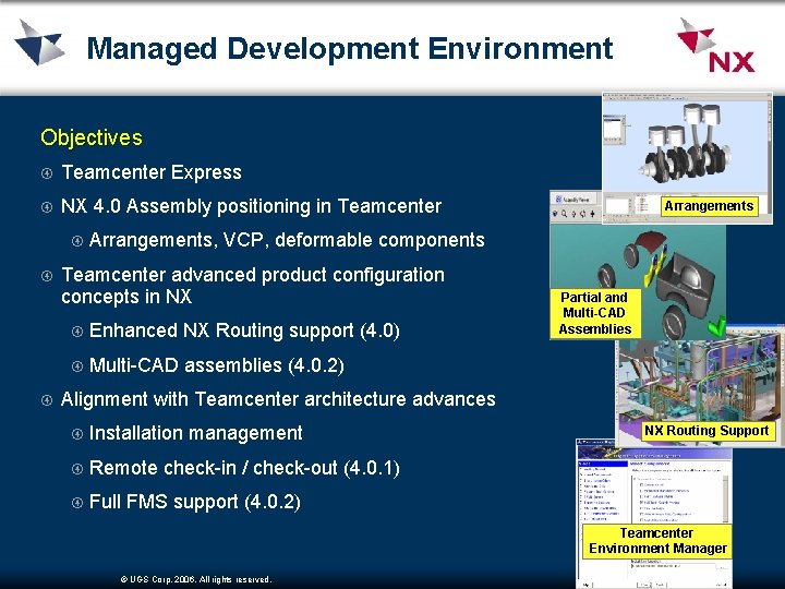 Managed Development Environment Objectives Teamcenter Express NX 4. 0 Assembly positioning in Teamcenter Arrangements,