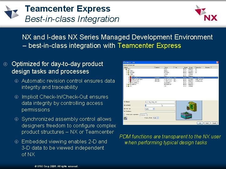 Teamcenter Express Best-in-class Integration NX and I-deas NX Series Managed Development Environment – best-in-class