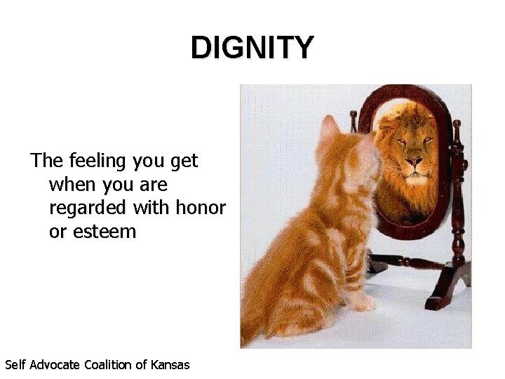 DIGNITY The feeling you get when you are regarded with honor or esteem Self