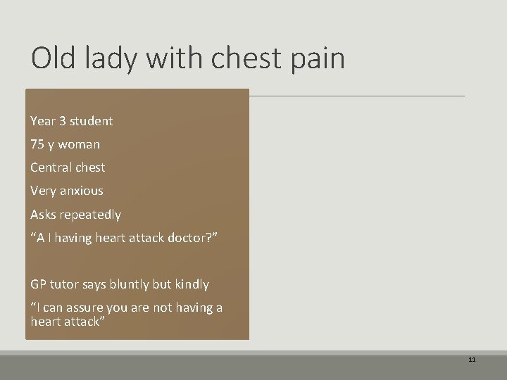 Old lady with chest pain Year 3 student 75 y woman Central chest Very