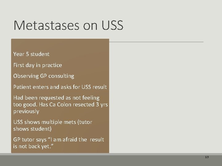 Metastases on USS Year 5 student First day in practice Observing GP consulting Patient