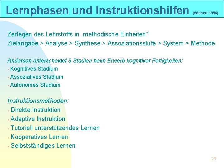 Lernphasen und Instruktionshilfen (Weinert 1996) Zerlegen des Lehrstoffs in „methodische Einheiten“: Zielangabe > Analyse