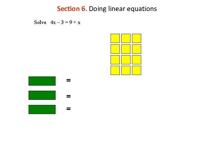 Section 6. Doing linear equations Solve 4 x – 3 = 9 + x