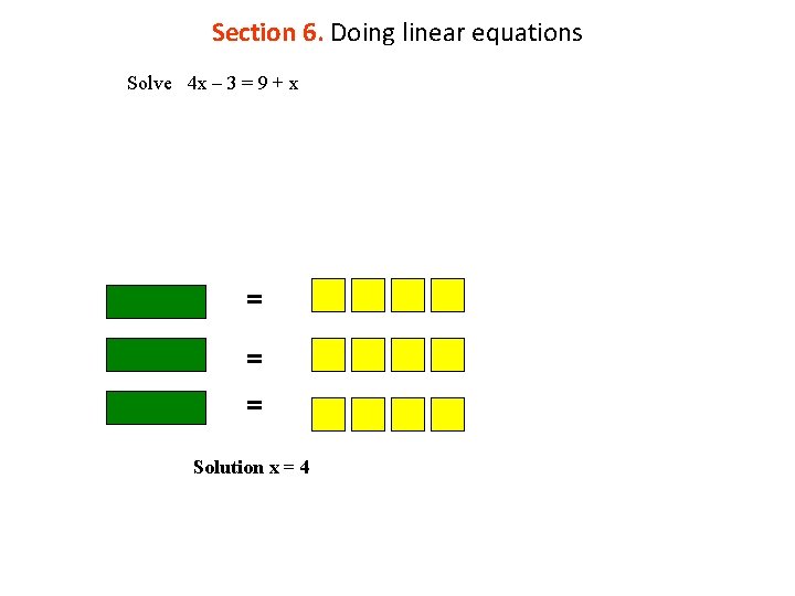 Section 6. Doing linear equations Solve 4 x – 3 = 9 + x