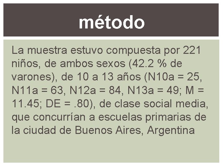 método La muestra estuvo compuesta por 221 niños, de ambos sexos (42. 2 %