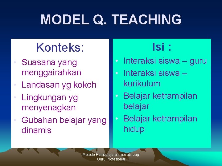 MODEL Q. TEACHING Konteks: Isi : • Suasana yang menggairahkan • Landasan yg kokoh