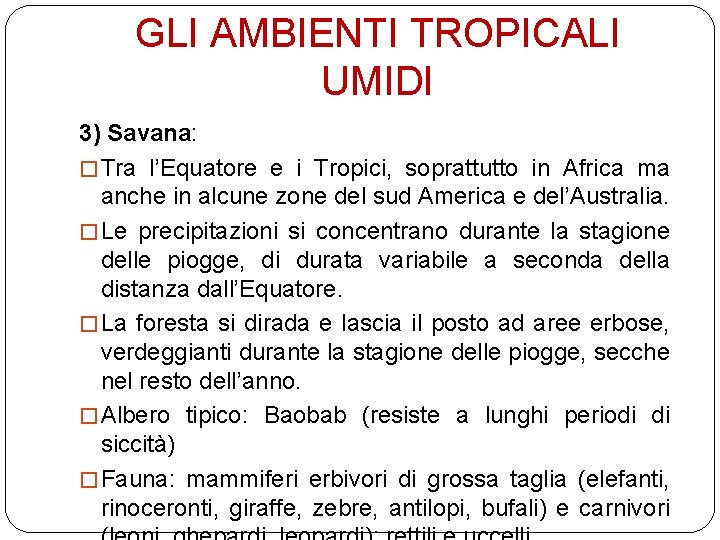 GLI AMBIENTI TROPICALI UMIDI 3) Savana: � Tra l’Equatore e i Tropici, soprattutto in