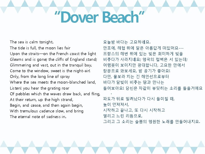 “Dover Beach” The sea is calm tonight. The tide is full, the moon lies