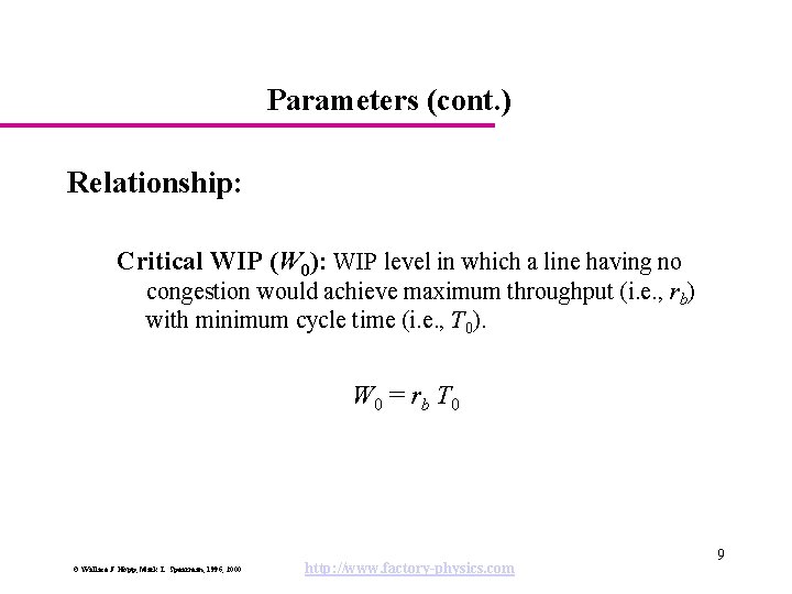 Parameters (cont. ) Relationship: Critical WIP (W 0): WIP level in which a line
