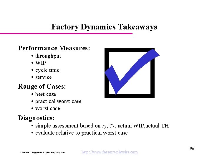 Factory Dynamics Takeaways Performance Measures: • throughput • WIP • cycle time • service