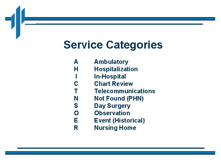 Service Categories A H I C T N S O E R Ambulatory Hospitalization