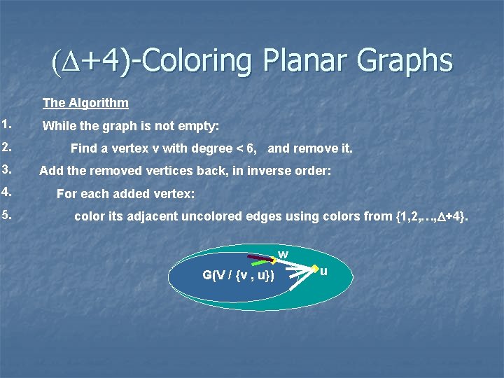 (D+4)-Coloring Planar Graphs The Algorithm 1. 2. 3. 4. 5. While the graph is