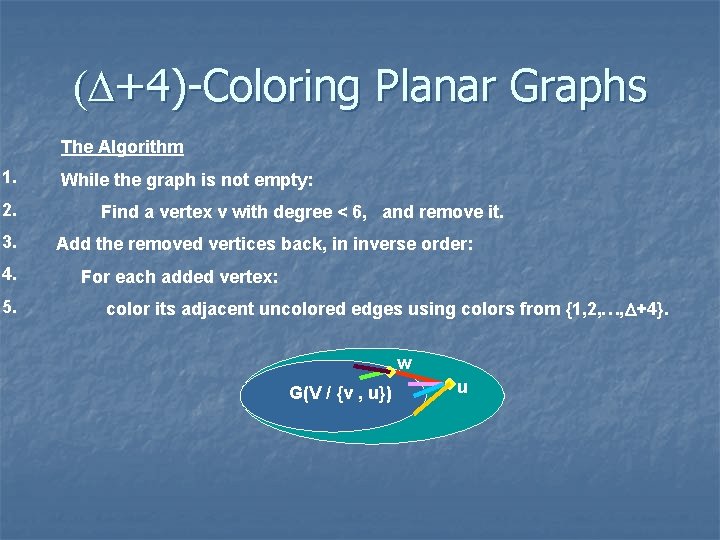 (D+4)-Coloring Planar Graphs The Algorithm 1. 2. 3. 4. 5. While the graph is