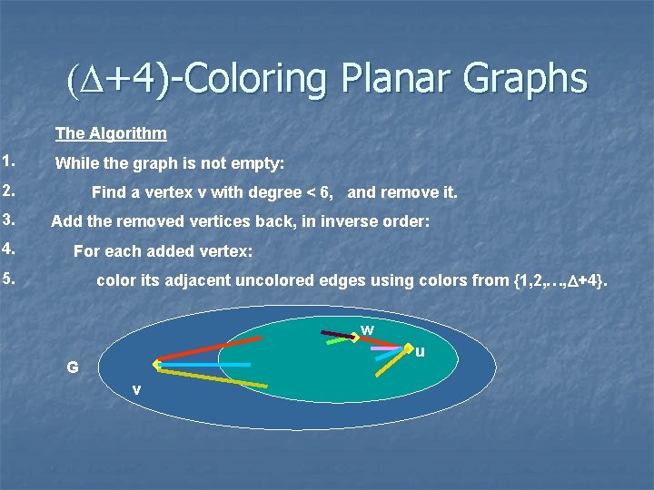 (D+4)-Coloring Planar Graphs The Algorithm 1. While the graph is not empty: 2. 3.