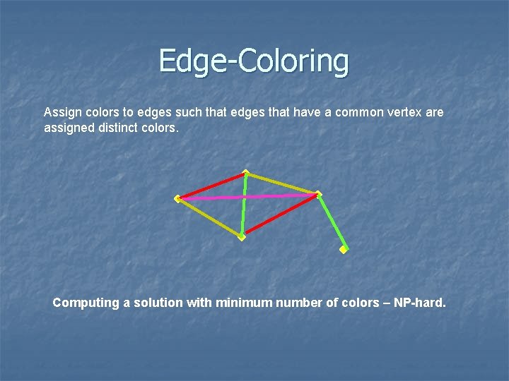 Edge-Coloring Assign colors to edges such that edges that have a common vertex are