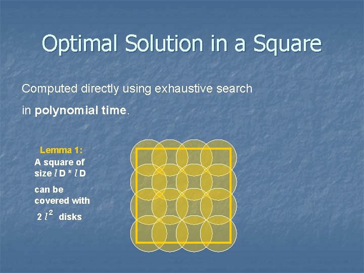 Optimal Solution in a Square Computed directly using exhaustive search in polynomial time. Lemma