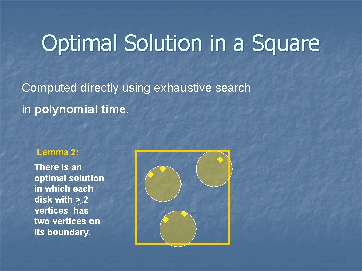 Optimal Solution in a Square Computed directly using exhaustive search in polynomial time. Lemma