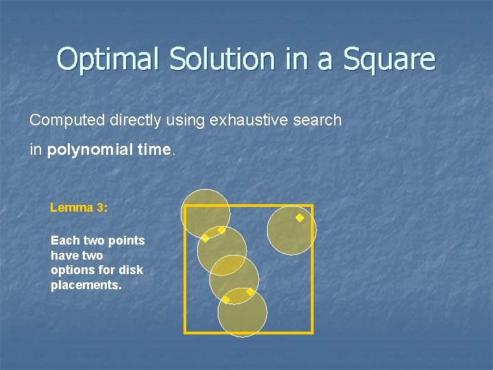 Optimal Solution in a Square Computed directly using exhaustive search in polynomial time. Lemma