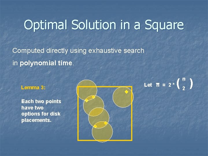 Optimal Solution in a Square Computed directly using exhaustive search in polynomial time. n