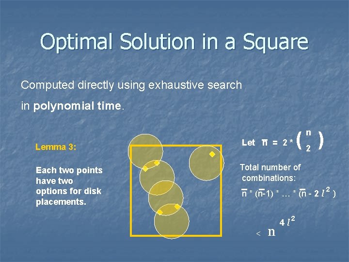 Optimal Solution in a Square Computed directly using exhaustive search in polynomial time. n