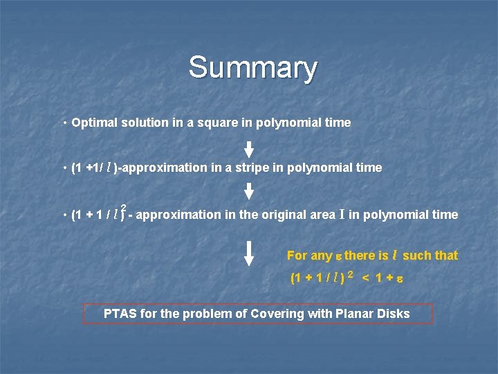 Summary • Optimal solution in a square in polynomial time • (1 +1/ l