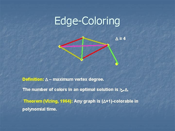 Edge-Coloring D=4 Definition: D – maximum vertex degree. The number of colors in an