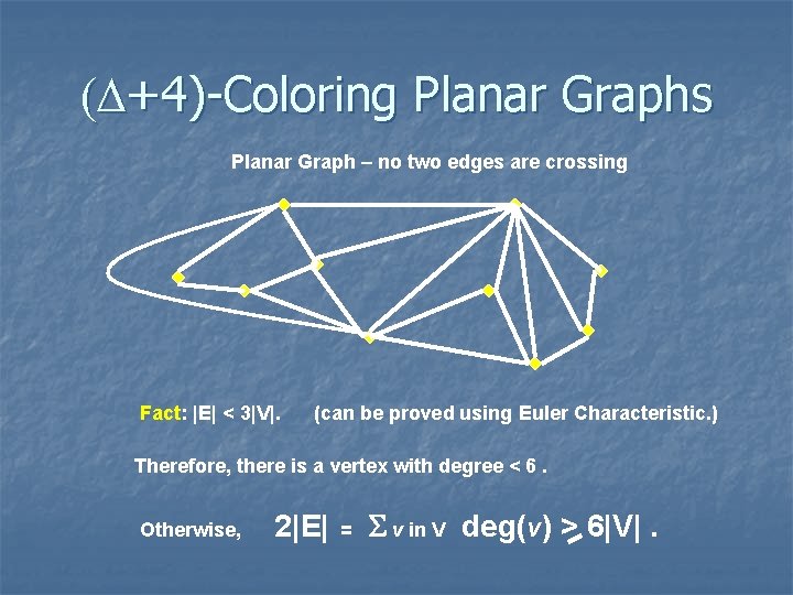 (D+4)-Coloring Planar Graphs Planar Graph – no two edges are crossing Fact: |E| <