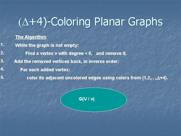 (D+4)-Coloring Planar Graphs The Algorithm 1. 2. 3. 4. 5. While the graph is