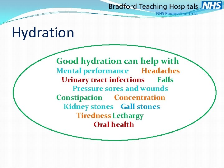 Hydration Good hydration can help with Mental performance Headaches Urinary tract infections Falls Pressure