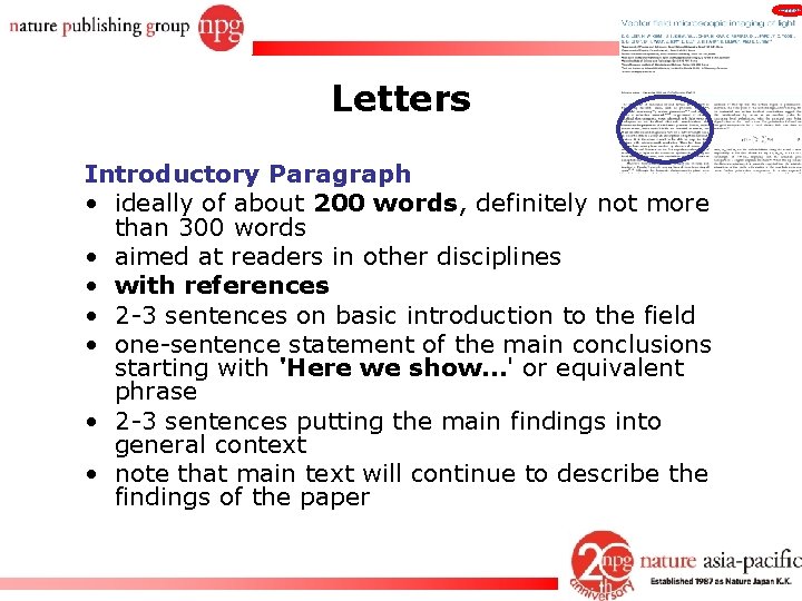 Letters Introductory Paragraph • ideally of about 200 words, definitely not more than 300