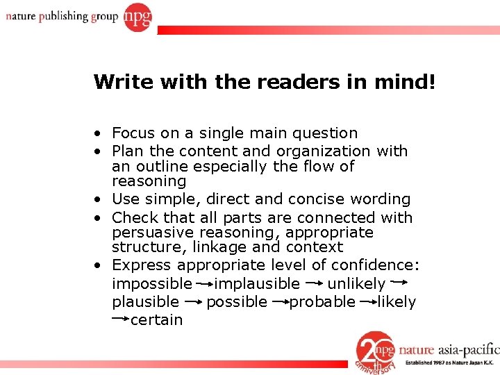 Write with the readers in mind! • Focus on a single main question •