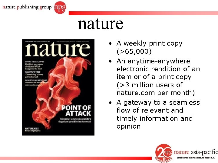 nature • A weekly print copy (>65, 000) • An anytime-anywhere electronic rendition of