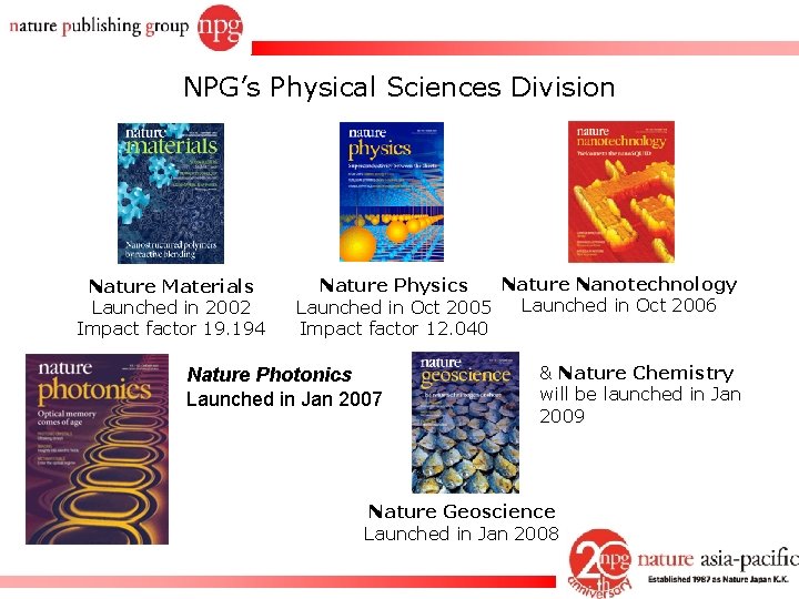 NPG’s Physical Sciences Division Nature Materials Launched in 2002 Impact factor 19. 194 Nature