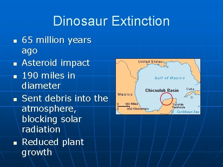 Dinosaur Extinction n n 65 million years ago Asteroid impact 190 miles in diameter