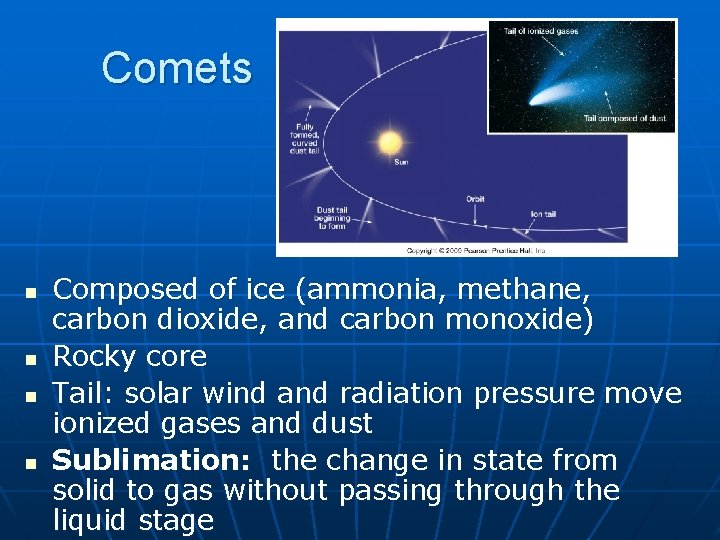Comets n n Composed of ice (ammonia, methane, carbon dioxide, and carbon monoxide) Rocky