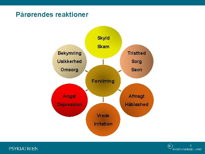 Pårørendes reaktioner Skyld Skam Bekymring Tristhed Usikkerhed Sorg Omsorg Savn Forvirring Angst Afmagt Depression