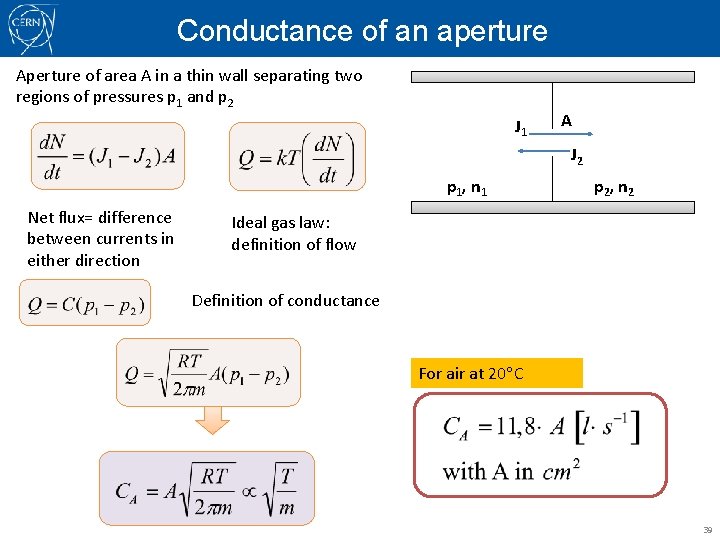 Conductance of an aperture Aperture of area A in a thin wall separating two
