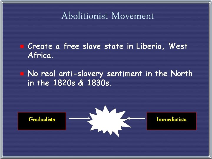 Abolitionist Movement e Create a free slave state in Liberia, West Africa. e No