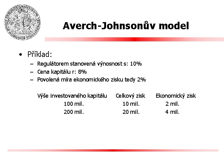 Averch-Johnsonův model • Příklad: – Regulátorem stanovená výnosnost s: 10% – Cena kapitálu r: