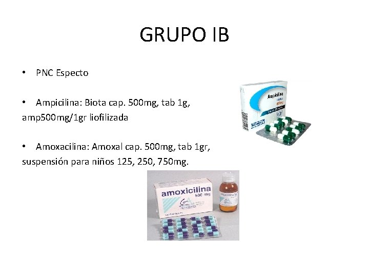 GRUPO IB • PNC Especto • Ampicilina: Biota cap. 500 mg, tab 1 g,