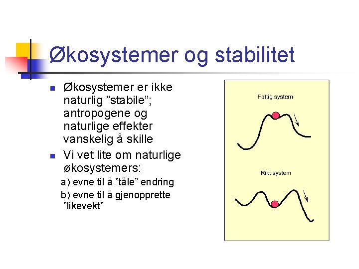 Økosystemer og stabilitet n n Økosystemer er ikke naturlig ”stabile”; antropogene og naturlige effekter